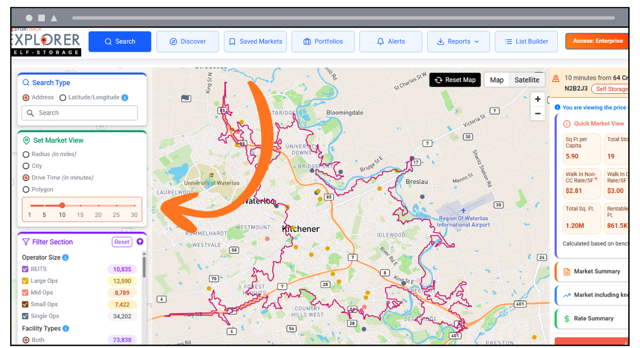 Drive Time and Polygon tools in StorTrack Explorer Canada