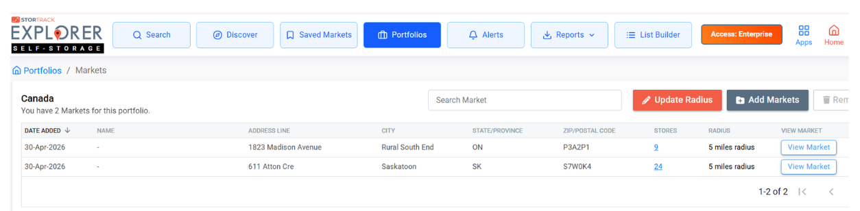 Portfolio Markets in StorTrack Explorer Canada